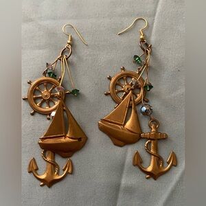 3” Long Gold Tone Nautical Pierced Dangle Earrings Anchor Sailboat Ship